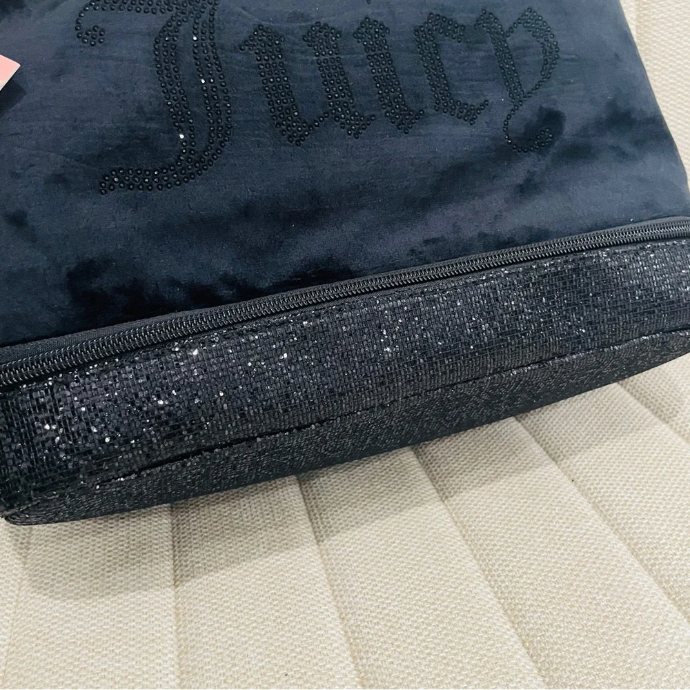 NEW Juicy Couture Black Velour Rhinestone‎ Travel Cosmetic Bag Dual Compartment